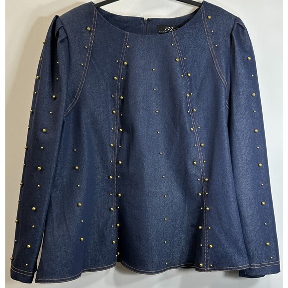 Midnight Velvet Top Sz 18W Blue Denim Gold Tone Studded Business/Casual Back Zip - Picture 2 of 11